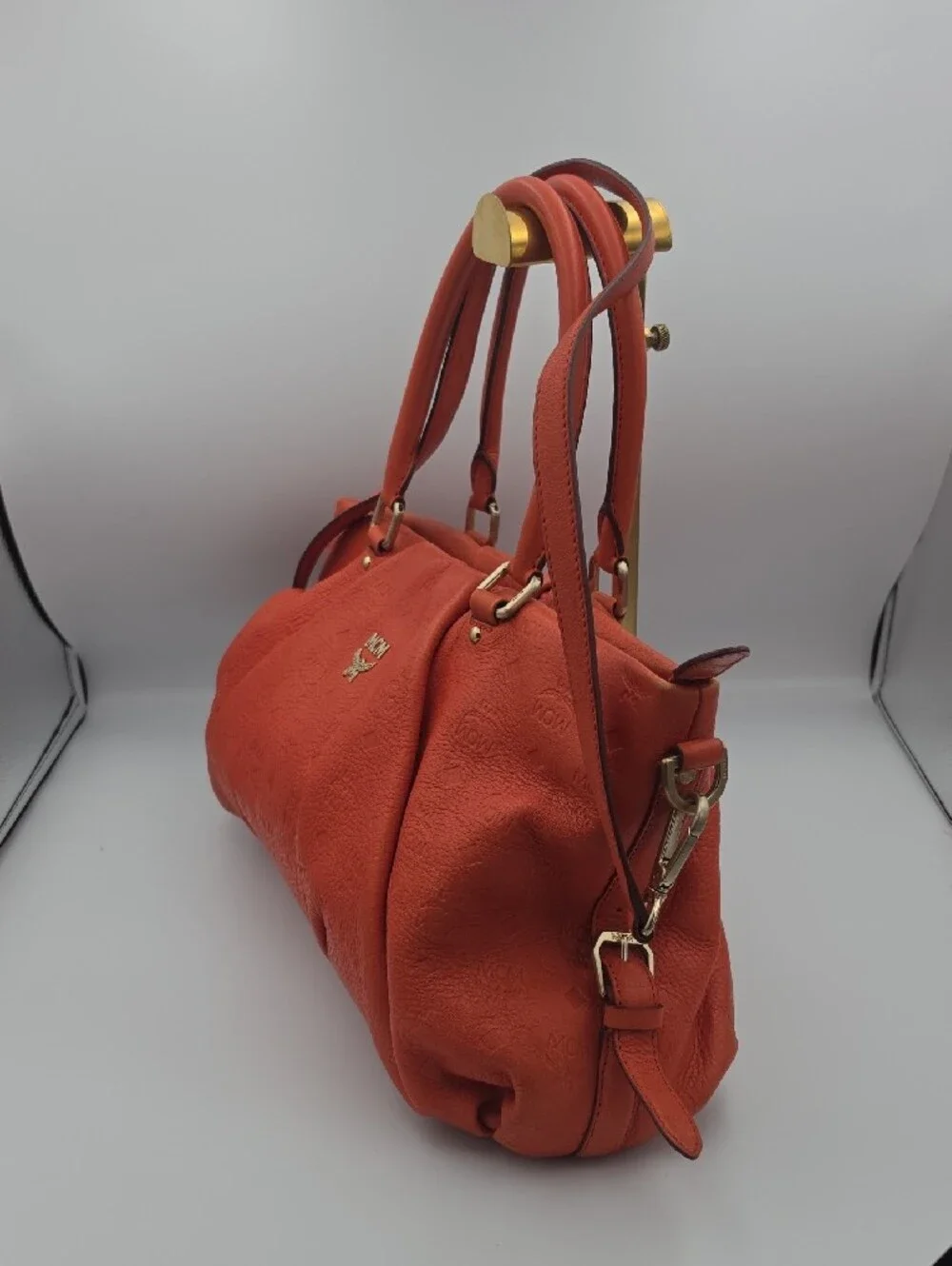 MCM Bright Orange Visetos Embossed Top Double Handles Large Satchel Bag (EUC)🧡✨